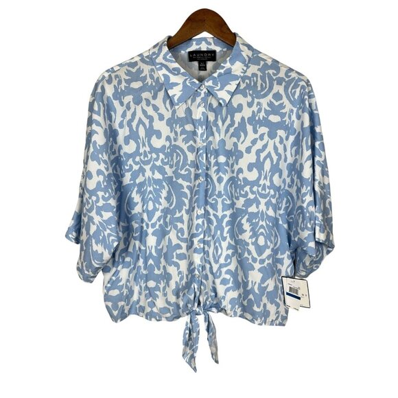 Laundry by Shelli Segal Top XL Blue Damask Crop Button Up Tie Hem 3/4 Dolman Sl - Picture 1 of 11
